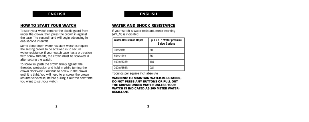 Timex 111-095009, W217 NA manual HOW to Start Your Watch, Water and Shock Resistance 