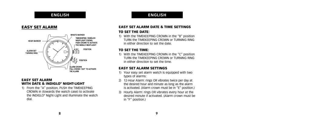 Timex W217 NA, 111-095009 manual Easy SET Alarm Date & Time Settings to SET the Date, Easy SET Alarm Settings 