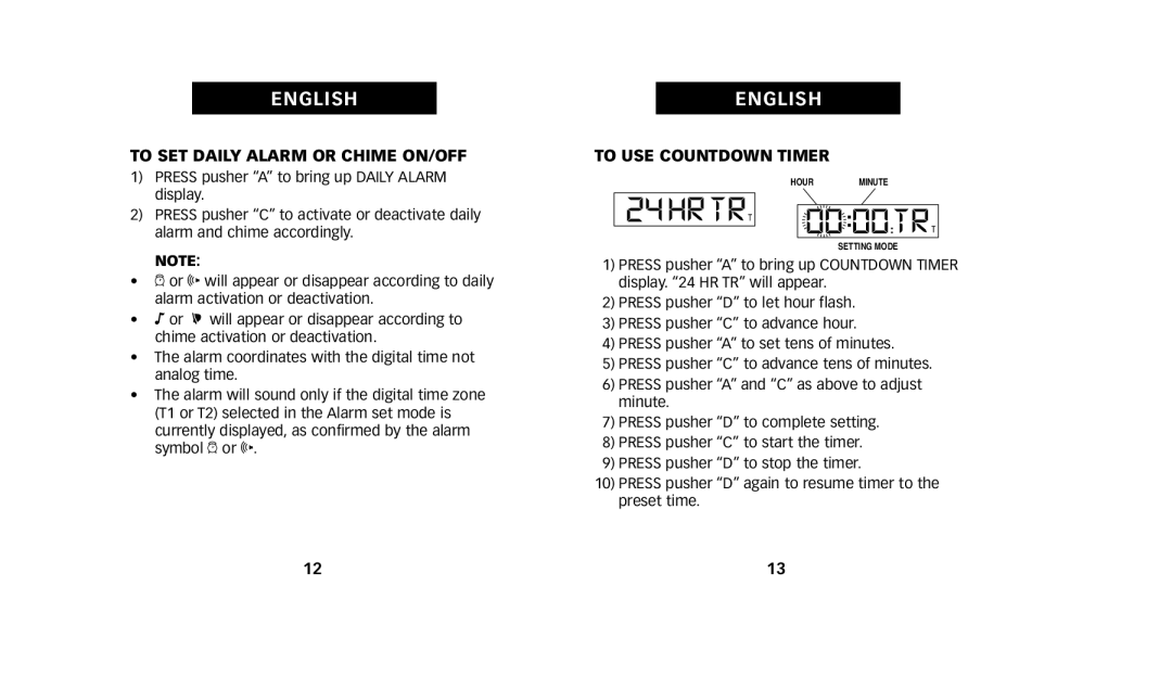 Timex W223 NA, 222-0950012 manual To SET Daily Alarm or Chime ON/OFF, To USE Countdown Timer 