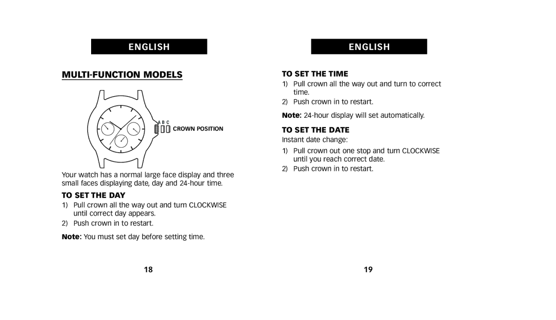 Timex 222-0950012, W223 NA manual MULTI-FUNCTION Models, To SET the DAY, To SET the Time, To SET the Date 