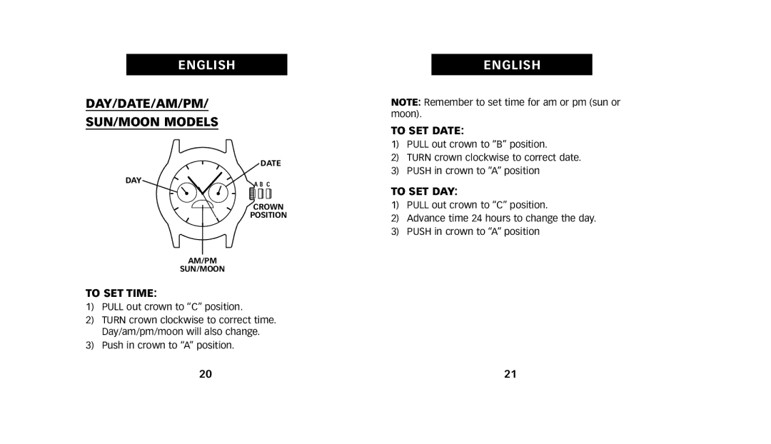Timex W223 NA, 222-0950012 manual DAY/DATE/AM/PM SUN/MOON Models, To SET Time, To SET Date, To SET DAY 