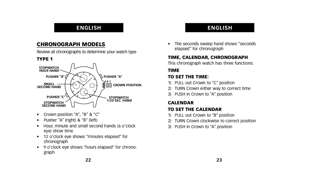 Timex 222-0950012, W223 NA manual Chronograph Models, Type, TIME, CALENDAR, Chronograph, Time To SET the Time 