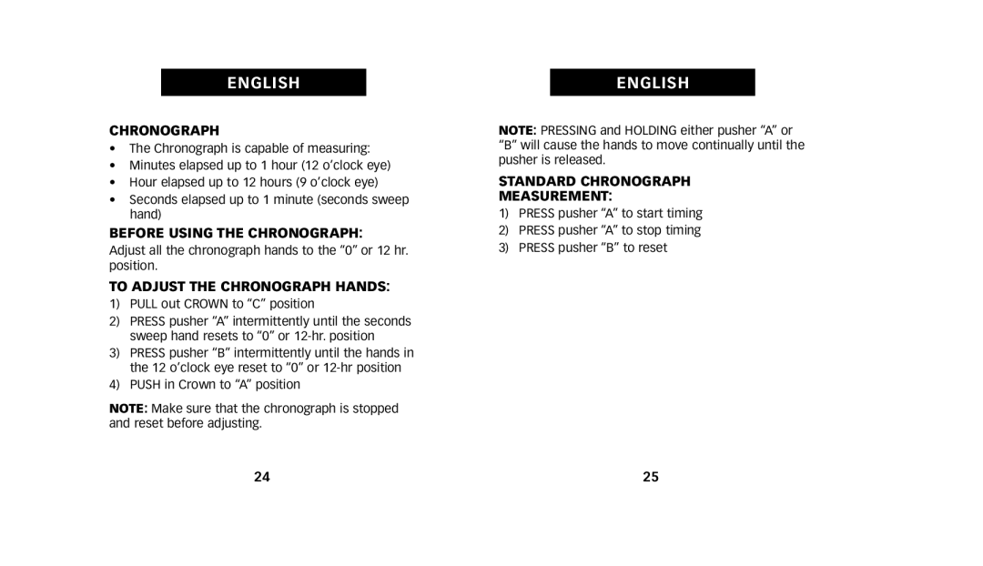 Timex W223 NA manual Before Using the Chronograph, To Adjust the Chronograph Hands, Standard Chronograph Measurement 