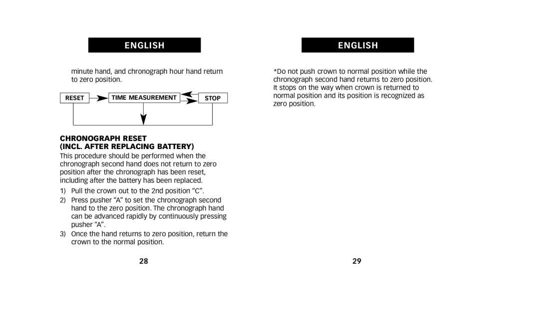 Timex W223 NA, 222-0950012 manual Chronograph Reset INCL. After Replacing Battery 