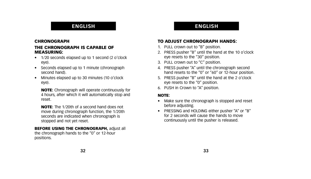 Timex W223 NA, 222-0950012 manual Chronograph Chronograph is Capable of Measuring, To Adjust Chronograph Hands 