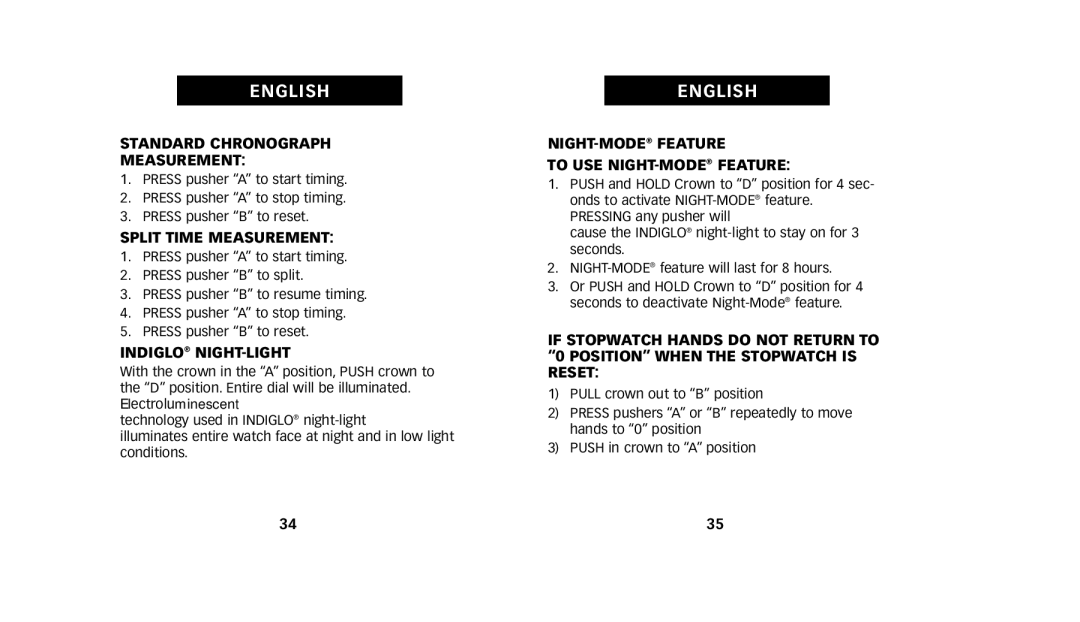 Timex 222-0950012, W223 NA manual Split Time Measurement, Indiglo NIGHT-LIGHT, NIGHT-MODEFEATURE To USE NIGHT-MODEFEATURE 