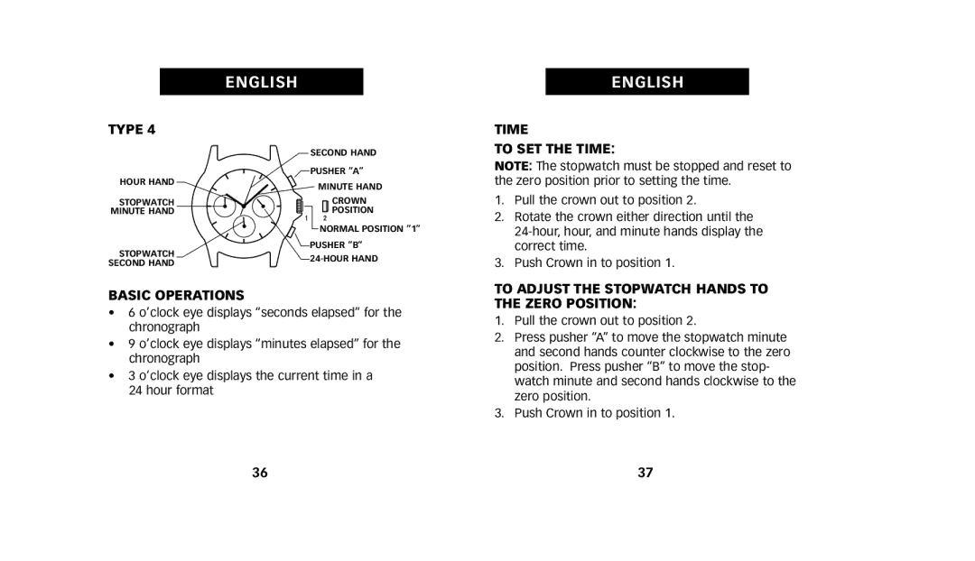 Timex W223 NA, 222-0950012 manual Time, To Adjust the Stopwatch Hands to the Zero Position 
