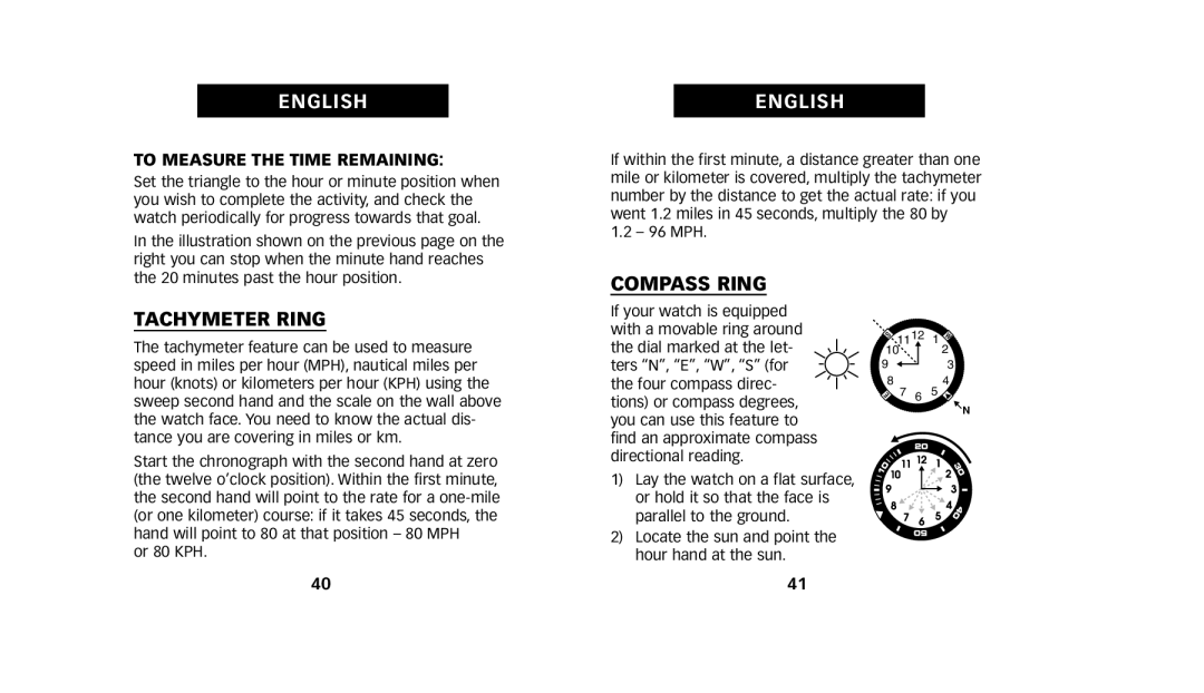 Timex W223 NA, 222-0950012 manual Tachymeter Ring, Compass Ring, To Measure the Time Remaining 