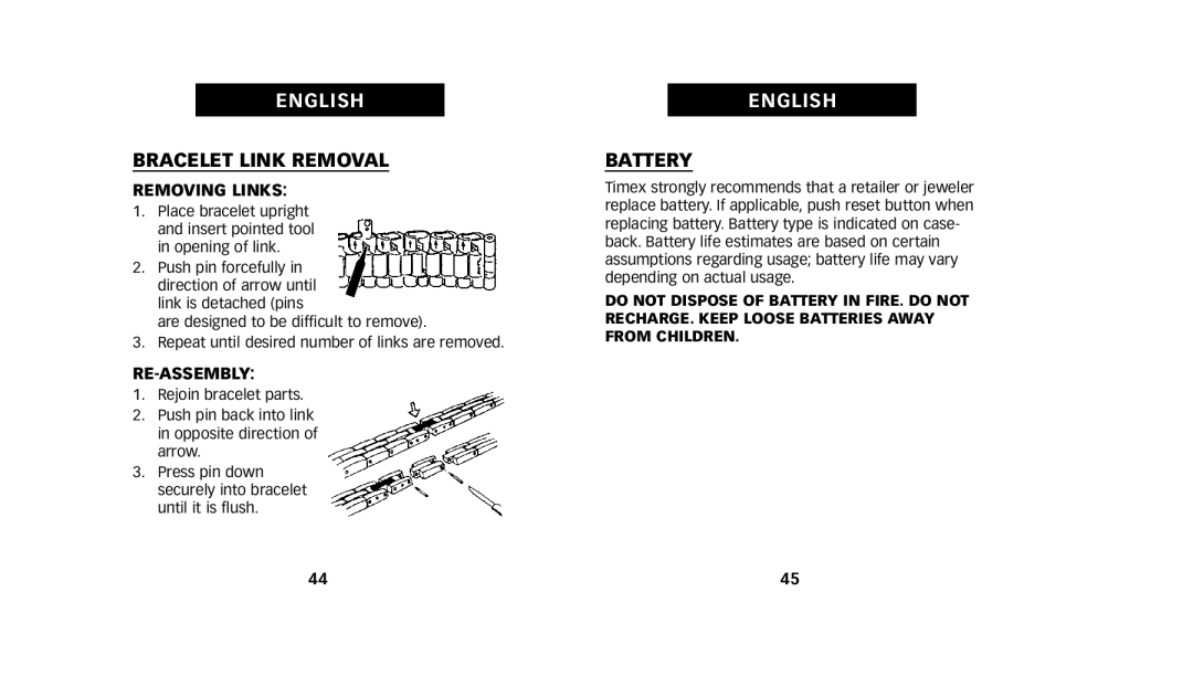 Timex W223 NA, 222-0950012 manual Bracelet Link Removal, Battery, Removing Links, Re-Assembly 