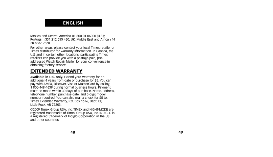 Timex W223 NA, 222-0950012 manual Extended Warranty 