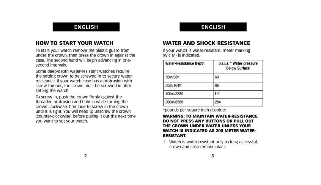 Timex 222-0950012, W223 NA manual HOW to Start Your Watch, Water and Shock Resistance 