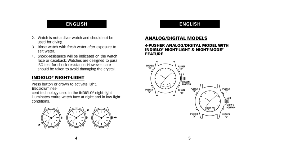 Timex W223 NA, 222-0950012 manual Indiglo NIGHT-LIGHT, ANALOG/DIGITAL Models 