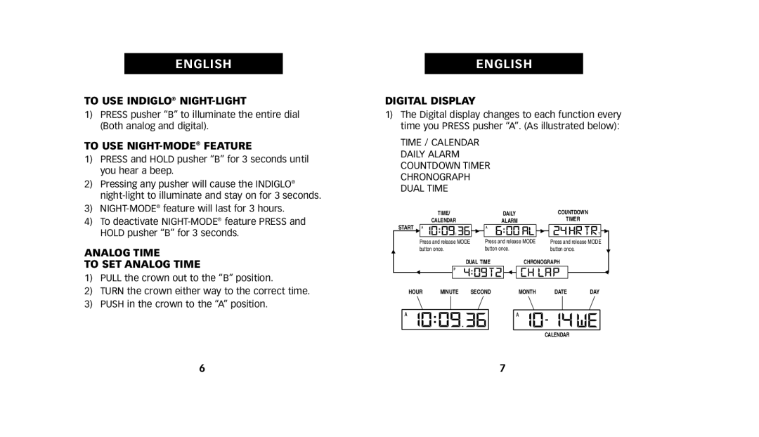 Timex 222-0950012 To USE Indiglo NIGHT-LIGHT, To USE NIGHT-MODEFEATURE, Analog Time To SET Analog Time, Digital Display 