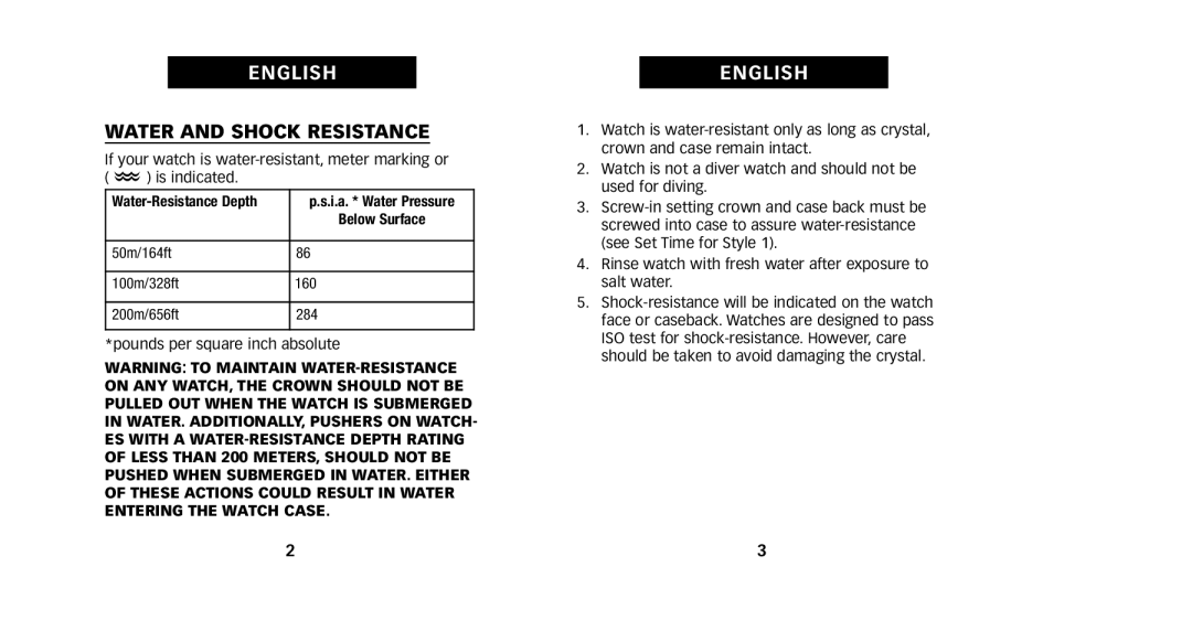 Timex W231 NA, 714-095005-01 manual Water and Shock Resistance, Water-Resistance Depth 