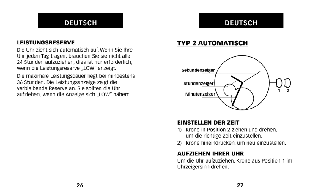 Timex W231 manual TYP 2 Automatisch, Leistungsreserve 