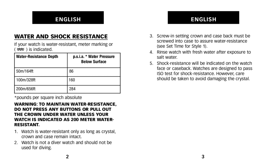 Timex W231 manual Water and Shock Resistance, Water-Resistance Depth 