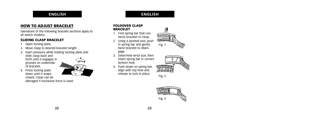 Timex 333-095002, W236 manual HOW to Adjust Bracelet, Sliding Clasp Bracelet, Foldover Clasp Bracelet 