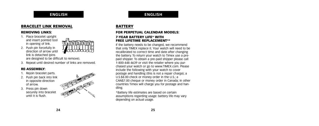 Timex W236, 333-095002 manual Bracelet Link Removal, Battery, Removing Links, Re-Assembly 