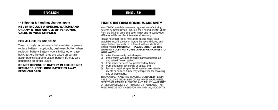 Timex 333-095002, W236 manual Timex International Warranty 