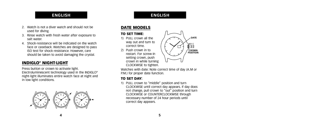 Timex W236, 333-095002 manual Indiglo NIGHT-LIGHT, Date Models, To SET Time, To SET DAY 