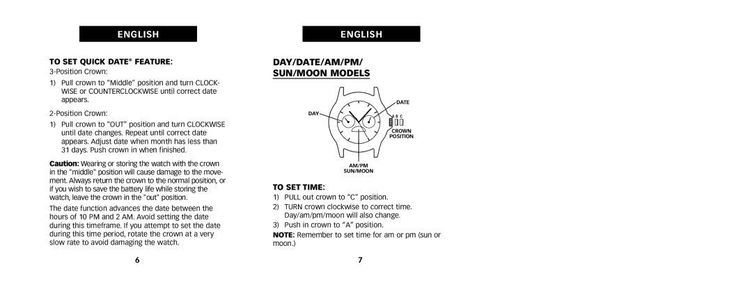 Timex 333-095002, W236 manual DAY/DATE/AM/PM SUN/MOON Models, To SET Quick Date Feature 