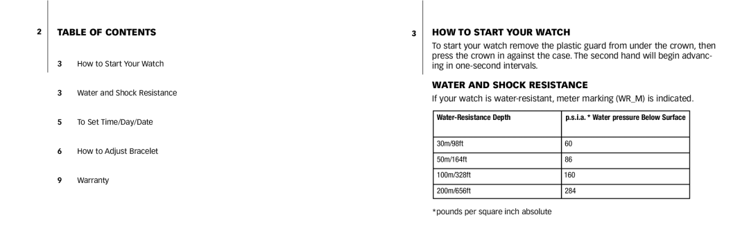 Timex W239 NA, 778-095000 manual Table of Contents, HOW to Start Your Watch, Water and Shock Resistance 