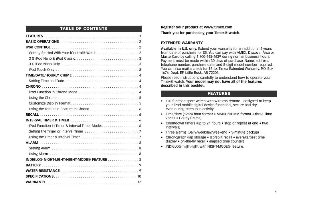 Timex W240 NA, 805-095003 manual Table of Contents, Features 