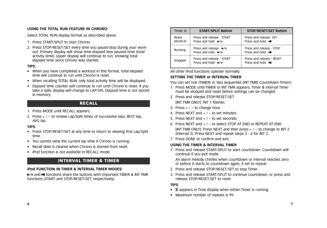 Timex 805-095003 Recall, Interval Timer & Timer, Using the Total RUN Feature in Chrono, Using the Timer & Interval Timer 