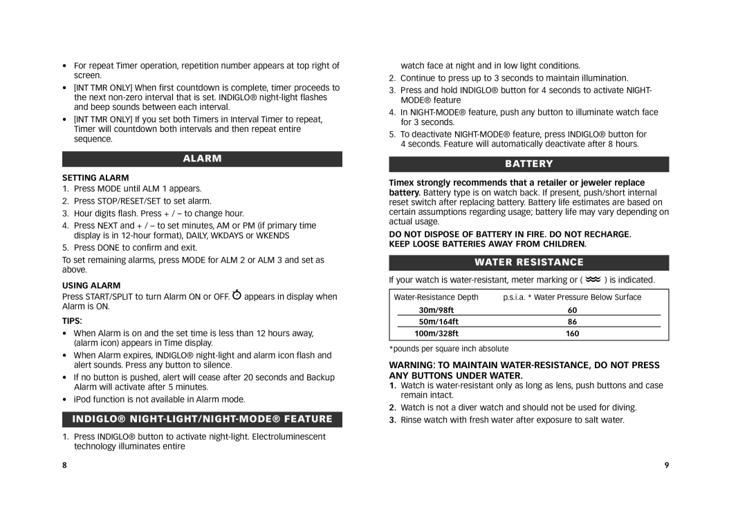 Timex W240 NA, 805-095003 manual Alarm, Indiglo NIGHT-LIGHT/NIGHT-MODE Feature, Battery, Water Resistance 