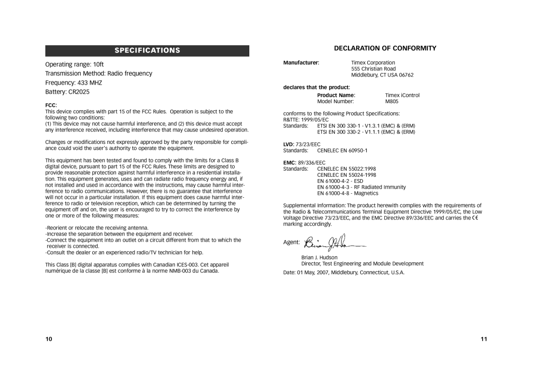 Timex 805-095003, W240 NA Specifications, Declaration of Conformity, Manufacturer, Declares that the product Product Name 