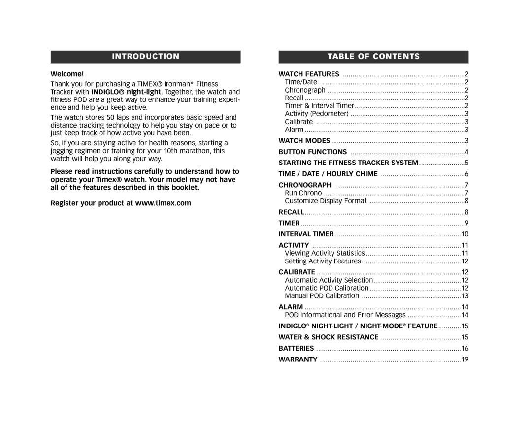 Timex W243 NA, 193-095000-04 manual Introduction, Table of Contents 