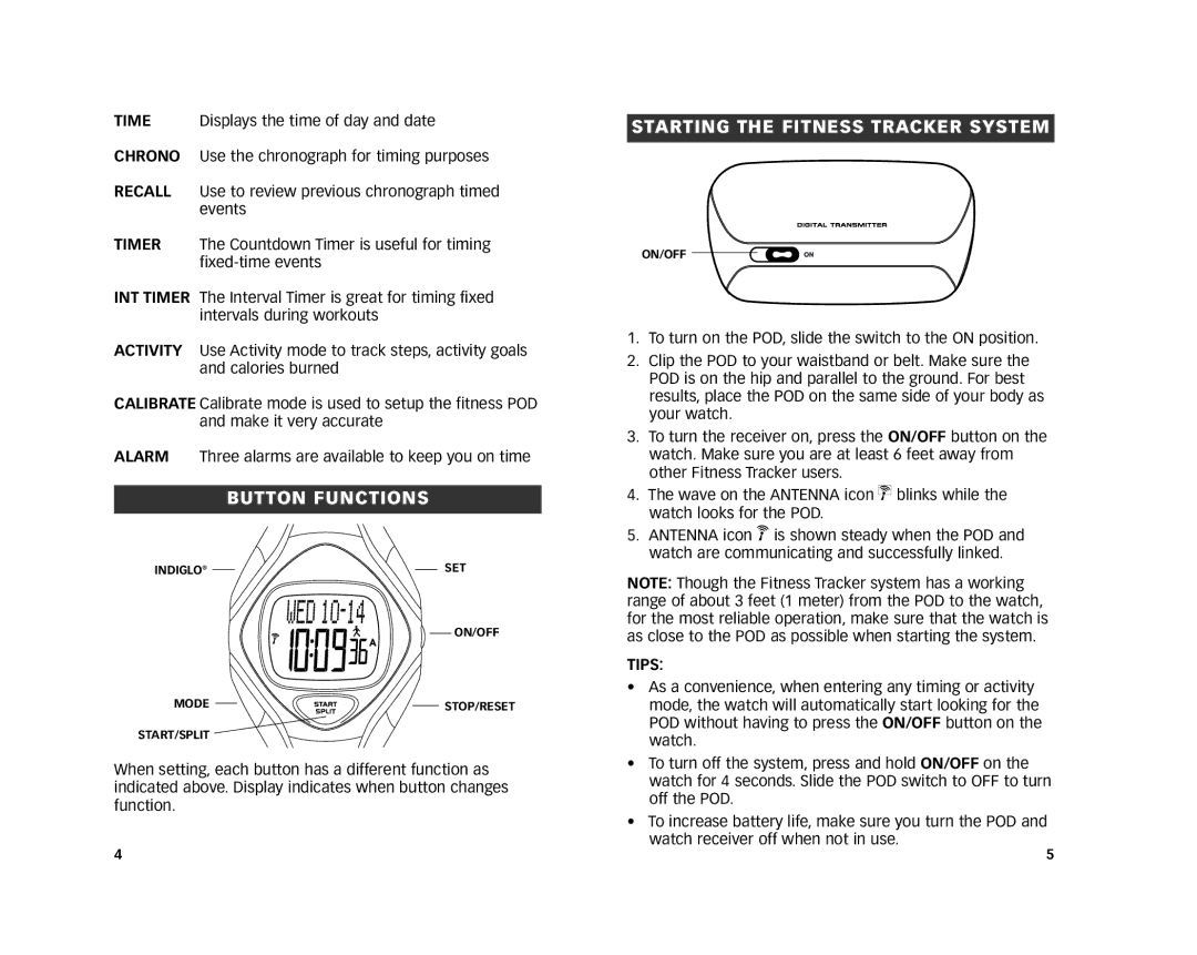 Timex W243 NA, 193-095000-04 manual Button Functions, Starting the Fitness Tracker System, Tips 