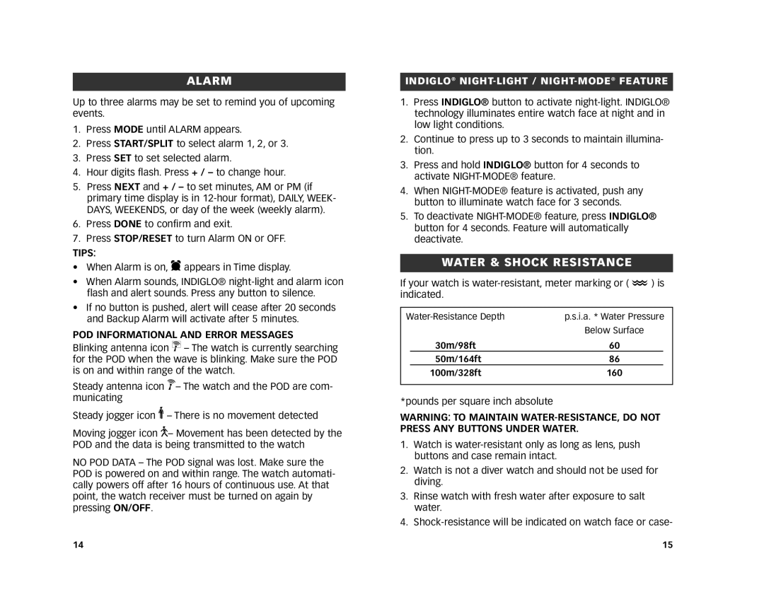 Timex 193-095000-04, W243 NA manual Alarm, Water & Shock Resistance, POD Informational and Error Messages 