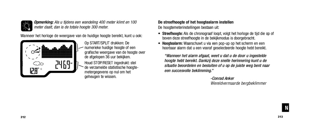 Timex W253 user manual De streefhoogte of het hoogtealarm instellen, De hoogtemeterinstellingen bestaan uit 