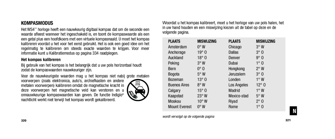 Timex W253 user manual Kompasmodus, Plaats Miswijzing 