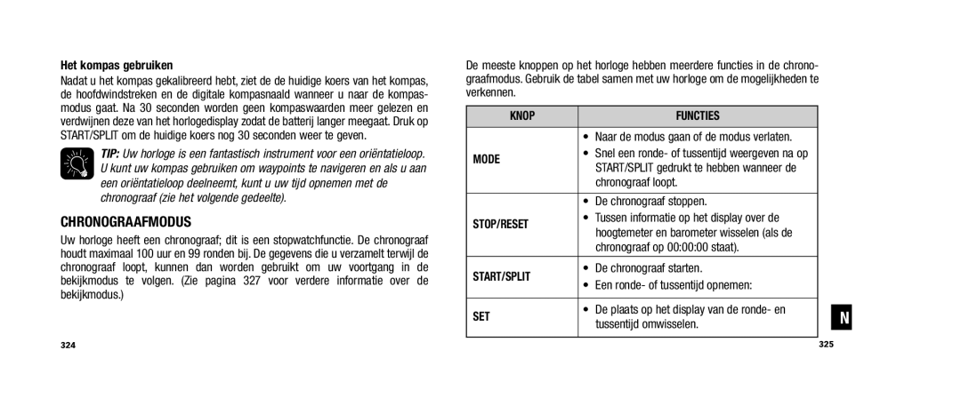 Timex W253 user manual Chronograafmodus, Het kompas gebruiken 