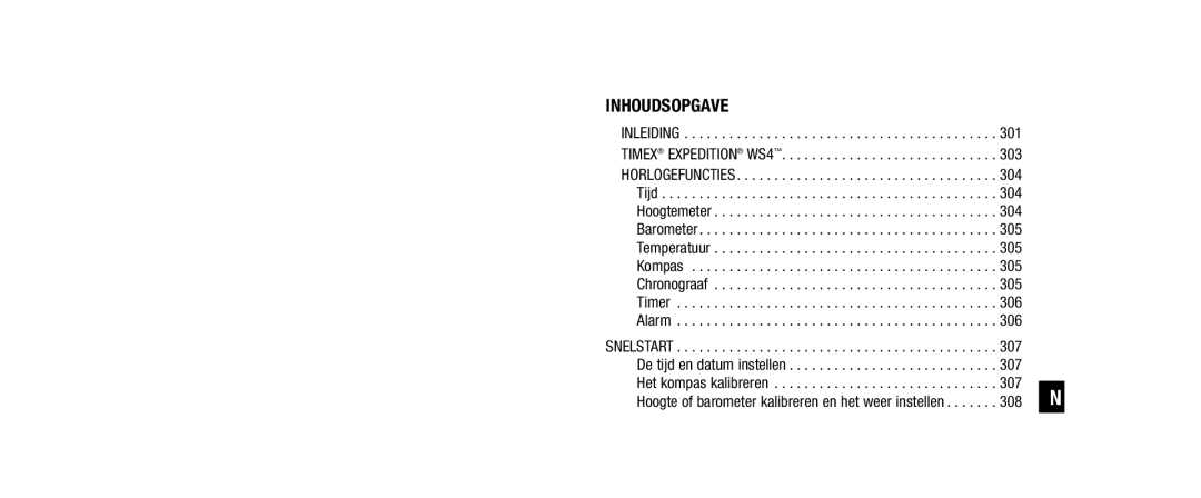 Timex W253 user manual Inhoudsopgave, 308 