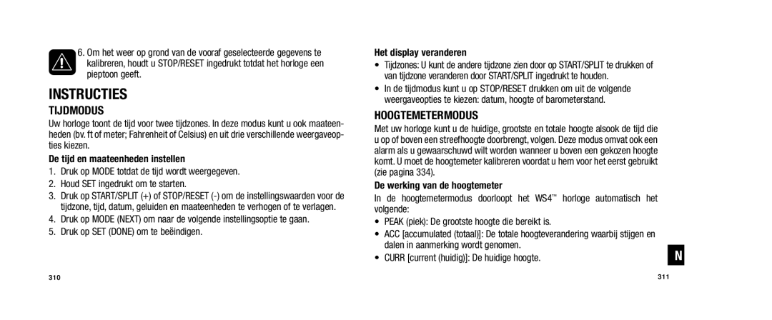 Timex W253 user manual Tijdmodus, Hoogtemetermodus, De tijd en maateenheden instellen, Het display veranderen 