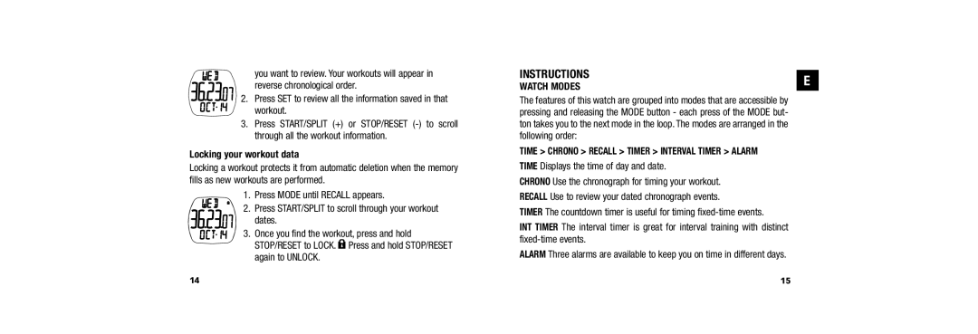 Timex W254, 509-095000-02 NA user manual Instructions, Locking your workout data, Watch Modes 