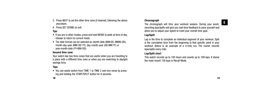 Timex W254 user manual Second time zone, Laps/splits every mile, Lap/Split chart, Most recent 150 laps in Recall Mode 