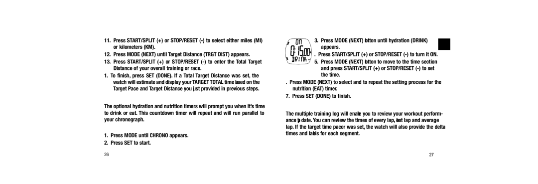 Timex W254, 509-095000-02 NA user manual Setting the Hydration and Nutrition Timers, Recall 