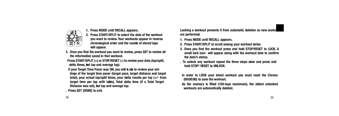 Timex 509-095000-02 NA, W254 user manual Reviewing your Workout Data, Locking workouts in Recall 