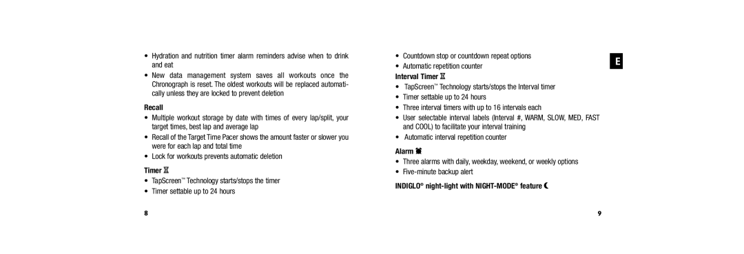 Timex 509-095000-02 NA, W254 user manual Recall, Interval Timer H, Alarm d, Indiglo night-light with NIGHT-MODEfeature P 