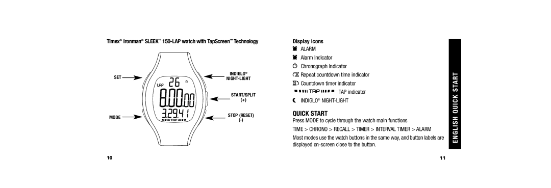 Timex W254, 509-095000-02 NA Quick Start, Timex Ironman Sleek 150-LAP watch with TapScreen Technology, Display Icons 