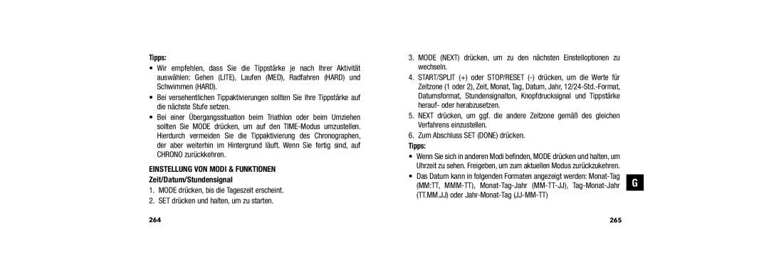 Timex W254 509-095002-02 user manual Tipps, Einstellung VON Modi & Funktionen, Zeit/Datum/Stundensignal 