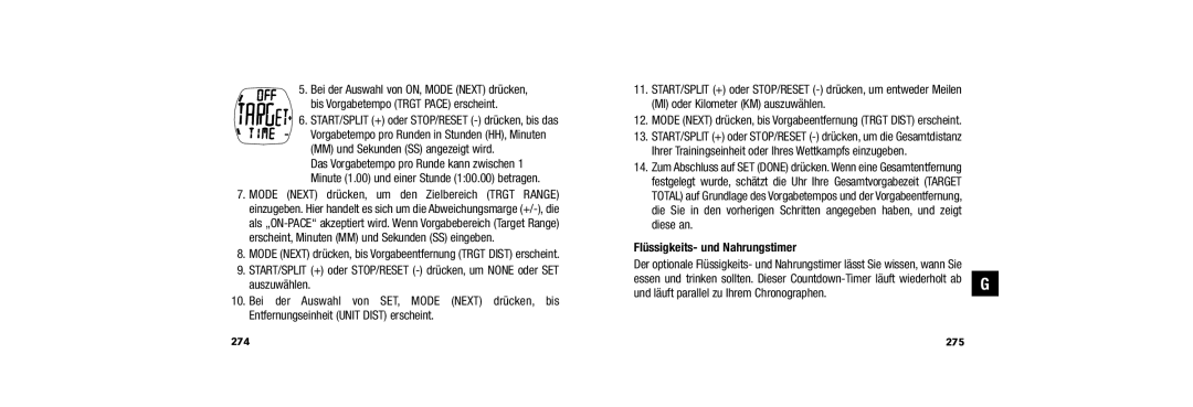 Timex W254 509-095002-02 user manual START/SPLIT + oder STOP/RESET drücken, bis das, Flüssigkeits- und Nahrungstimer 