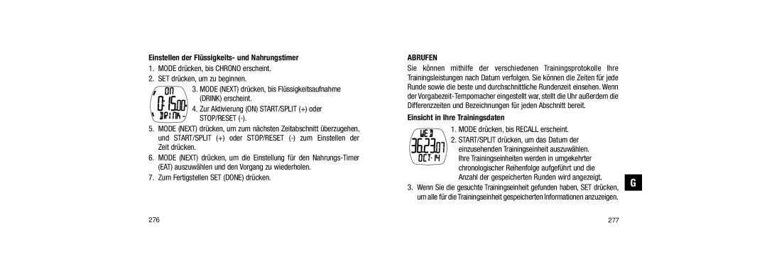 Timex W254 509-095002-02 Einstellen der Flüssigkeits- und Nahrungstimer, Zum Fertigstellen SET Done drücken, Abrufen 