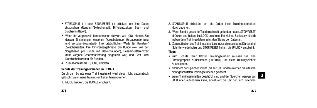 Timex W254 509-095002-02 user manual Schutz der Trainingseinheiten in Recall, 279 