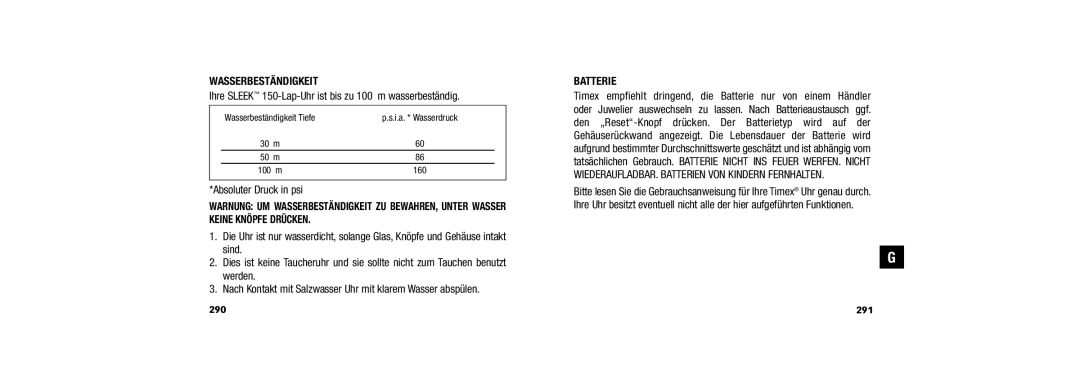 Timex W254 509-095002-02 user manual Wasserbeständigkeit, Absoluter Druck in psi, Batterie 