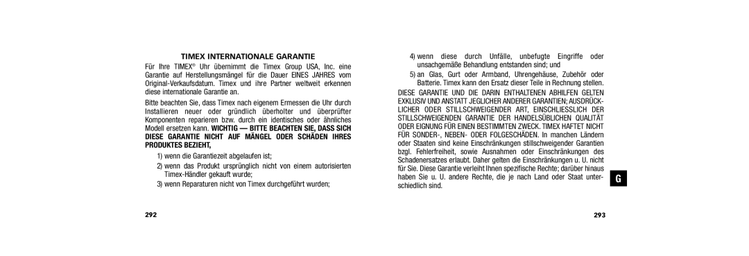 Timex W254 509-095002-02 user manual Timex Internationale Garantie, 293 